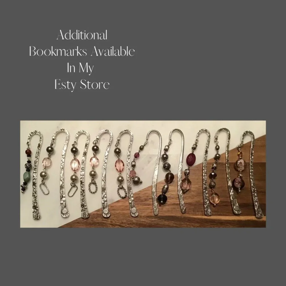 Tibetan Metal Bookmark Flower Engraved - Silver -‎ Purple Beads